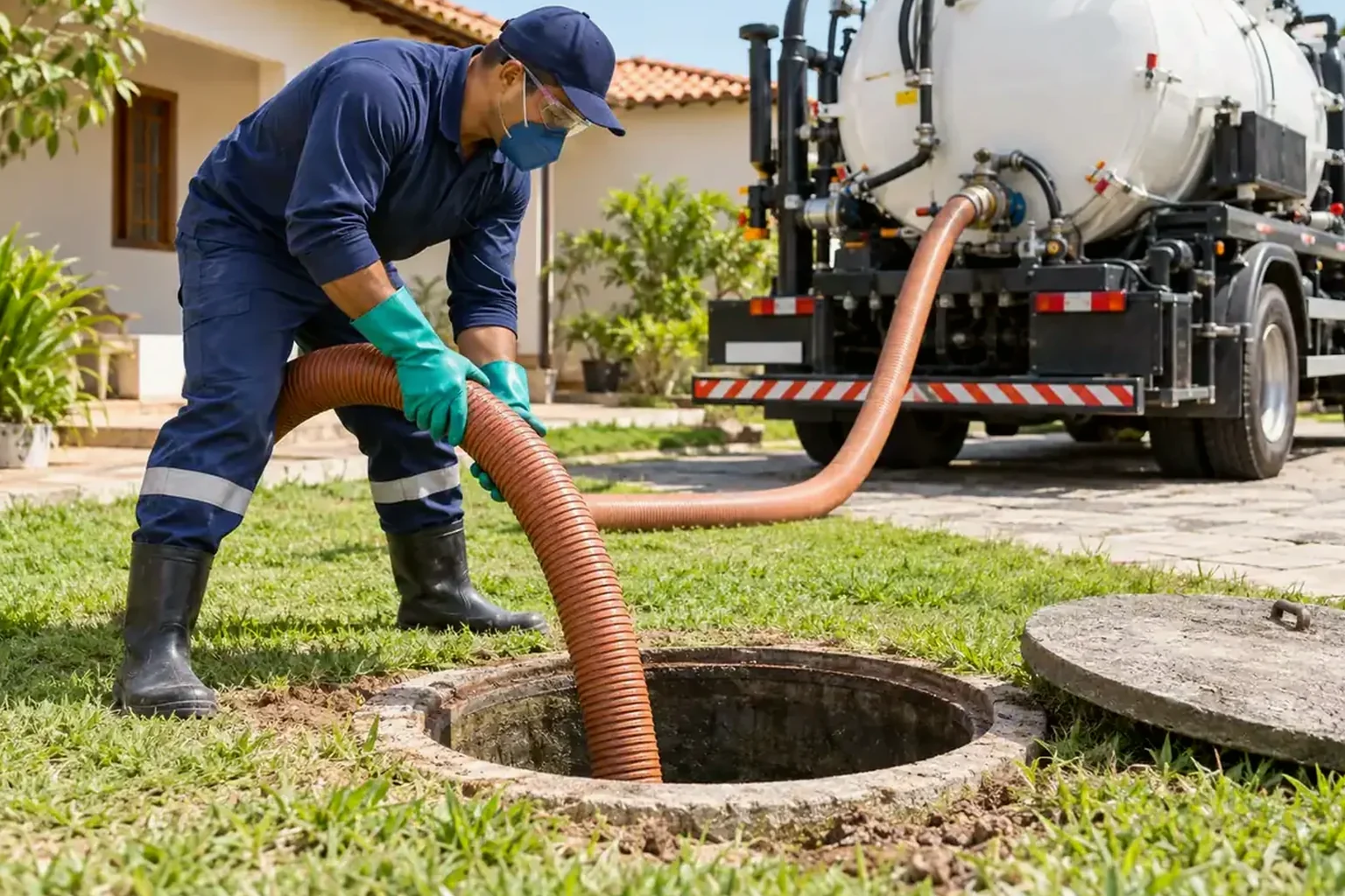 Equipe técnica limpando uma fossa séptica em uma residência.