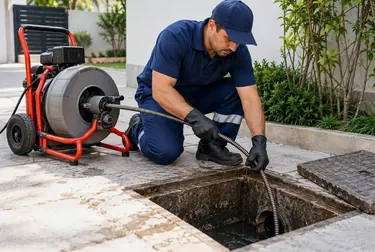 Equipe trabalhando em desentupimento de esgoto em área urbana.