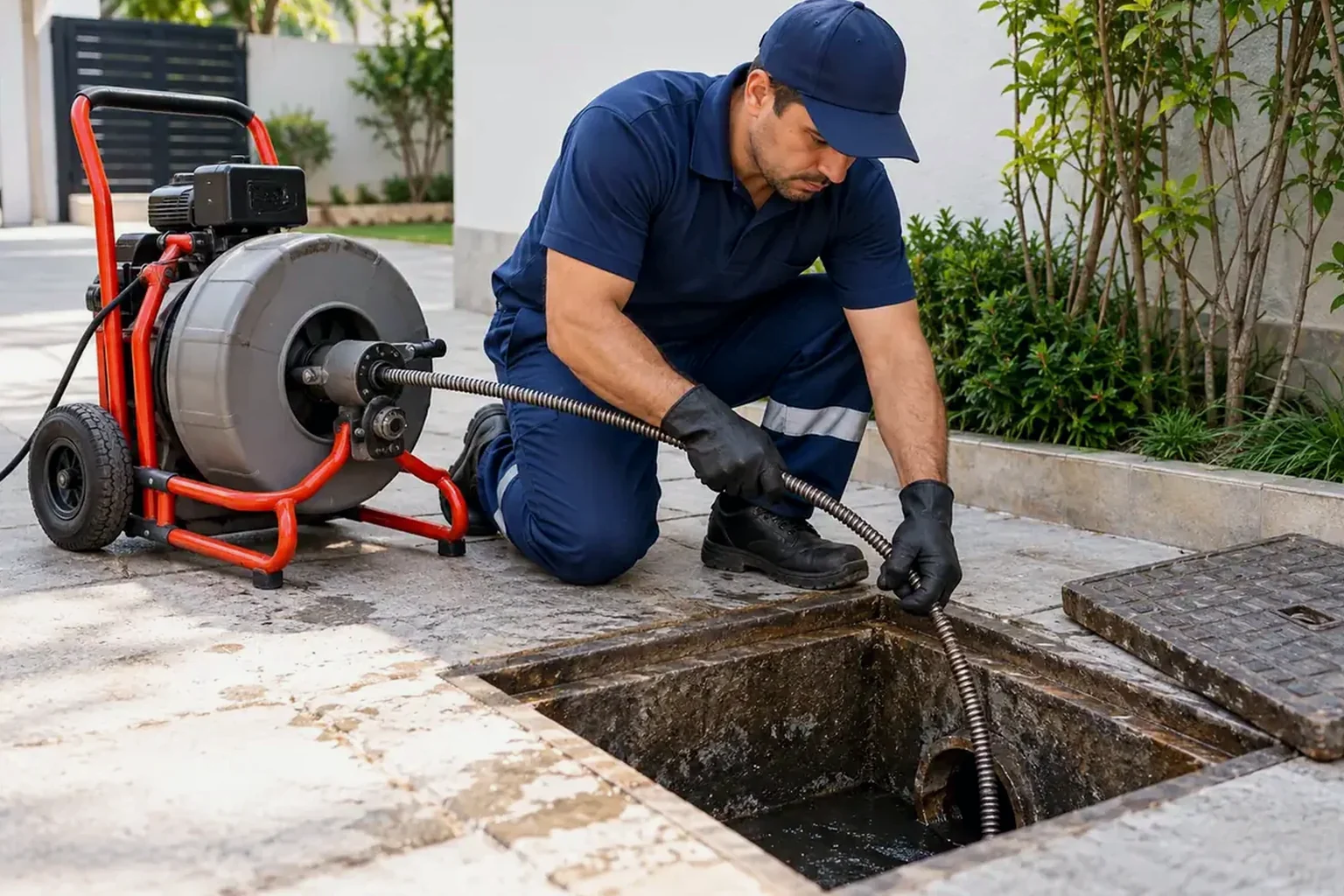 Equipe trabalhando em desentupimento de esgoto em área urbana.