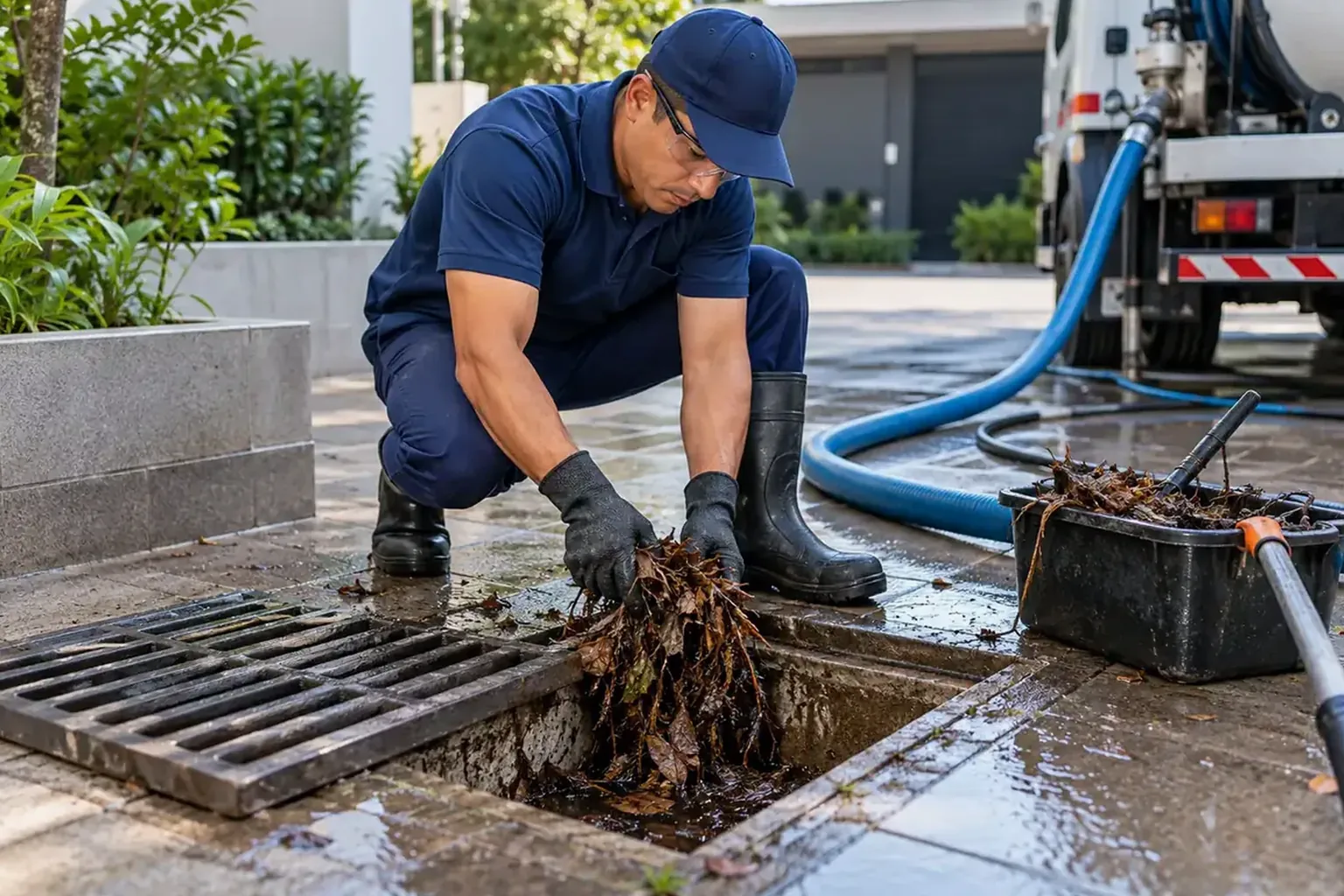 Equipes realizando desentupimento de rede pluvial em um local urbano.