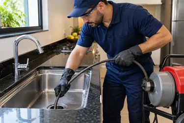 Profissionais realizando desentupimento de pia em um ambiente residencial.
