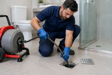 Técnico fazendo desentupimento de ralo em uma área urbana.