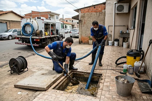 Técnico realizando limpeza de caixa de gordura em um restaurante.
