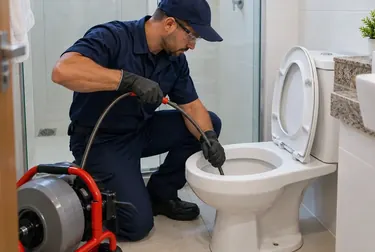 Técnico solucionando problema de vaso sanitário entupido.