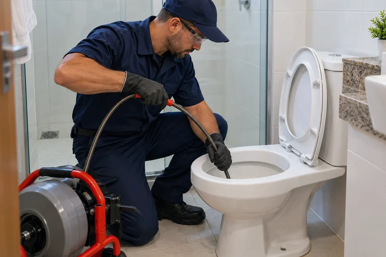 Técnico solucionando problema de vaso sanitário entupido.