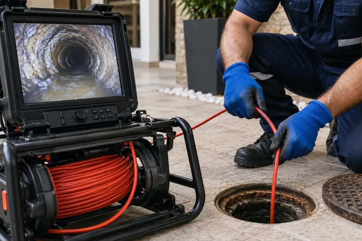 Técnico utilizando câmera para inspecionar tubulações em uma casa.