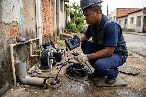 Técnico utilizando equipamento para análise de tubulações.