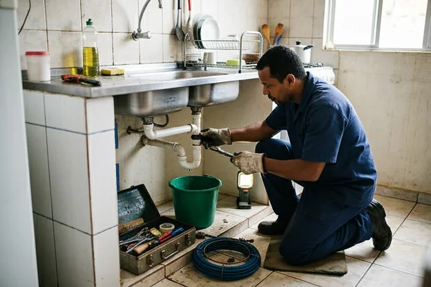 Técnico verificando pia em um imóvel residencial.