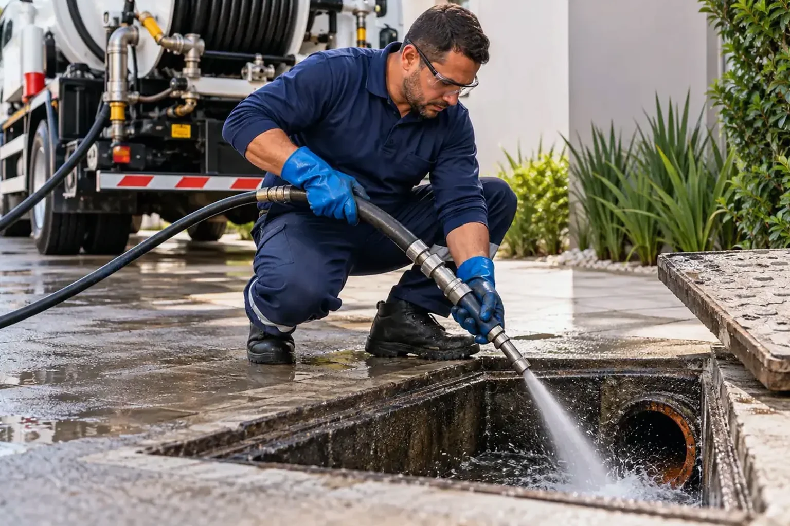 Técnicos usando hidrojateamento para limpar tubulações.